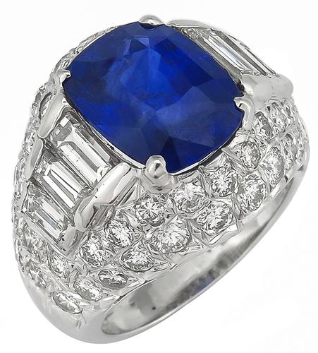 Cushion Cut Ceylon Sapphire Baguette and Round Cut Diamond 14k White Gold Ring