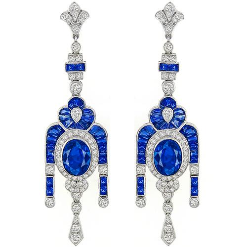 6 33ct Sapphire Diamond Gold Earrings, Diamond Chandelier Earrings Art Deco