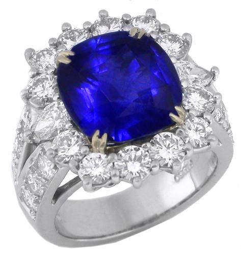 6.89ct Cushion Cut Ceylon Sapphire 3.40ct Round and Pear Cut Diamond 18k Yellow Gold Platinum Ring