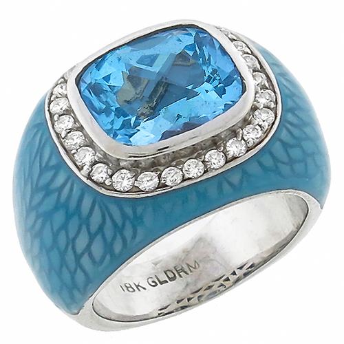 Estate 8.00ct Cushion Checkered Board  Cut Blue Topaz 0.80ct Round Cut Diamond Enamel 18k White Gold Cocktail Ring 