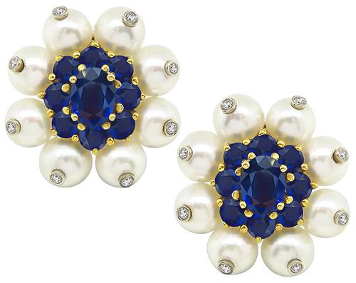 Oval and Round Cut Sapphire Round Cut Diamond Pearl 18k Gold Earrings
