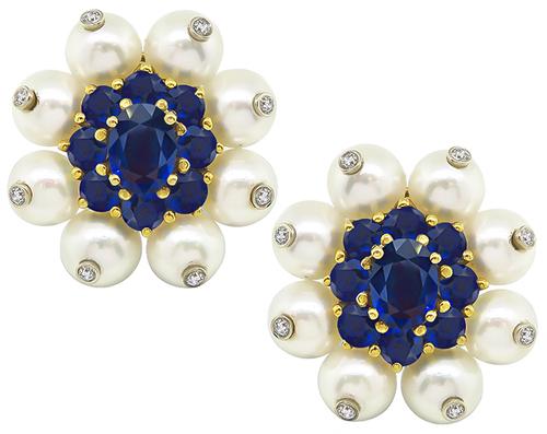 Oval and Round Cut Sapphire Round Cut Diamond Pearl 18k Gold Earrings