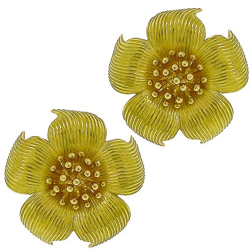 Estate Tiffany & Co. 18k Yellow Gold Magnolia Flower Earrings