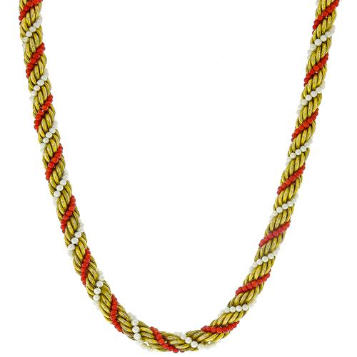 Pearl And Coral Bead Gold Twist Necklace 