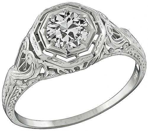 Edwardian Old Mine Cut Diamond 18k White Gold Engagement Ring