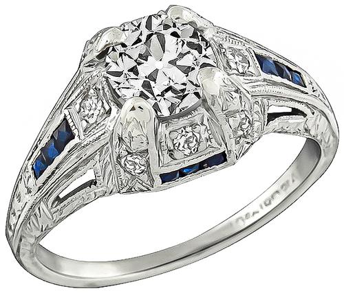 Art Deco Old Mine Cut Diamond Sapphire Platinum Engagement Ring