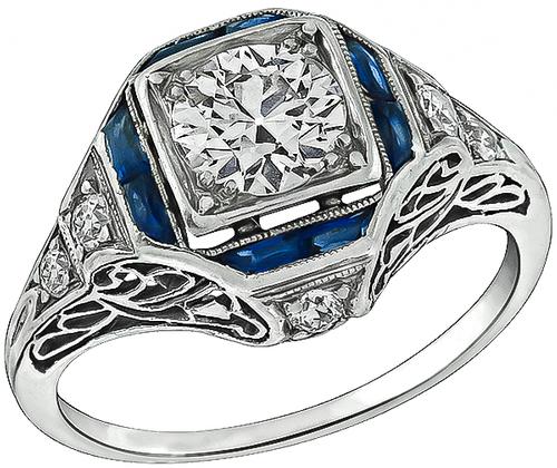 Art Deco Old Mine Cut Diamond Sapphire Platinum Engagement Ring