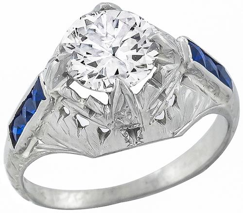 Art Deco Round Brilliant Cut Diamond 18k White Gold Engagement Ring