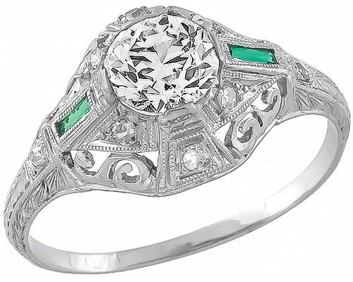 Art Deco GIA Certified Round Brilliant Cut Diamond Platinum Engagement Ring