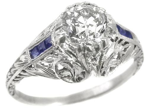 Antique GIA Certified 0.98ct  Old European Diamond Sapphire Platinum Engagement Ring