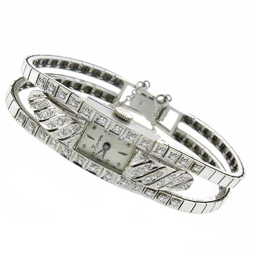 Art Deco 1.60ct Round Cut Diamond 14k White Gold Watch 