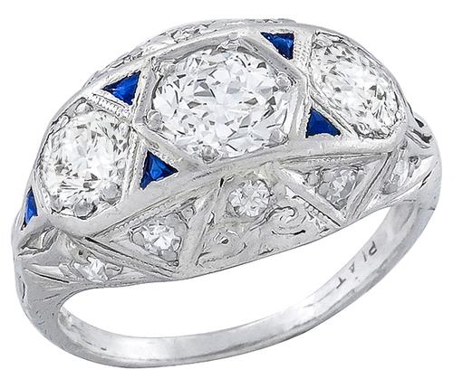 Art Deco Round and Old Mine Cut Diamond Sapphire Platinum Anniversary Ring