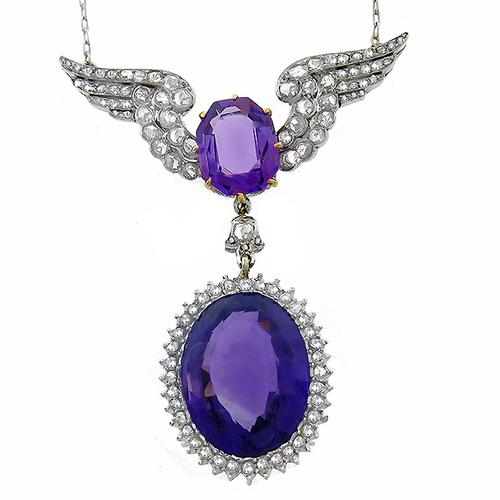 Estate 18.00ct Oval & Cushion Cut Amethyst 1.20ct Rose Cut Diamond Platinum Necklace