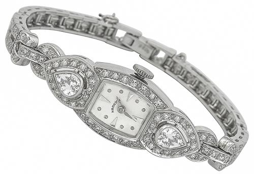 Art Deco Pear Shape and Round Cut Diamond Platinum Hamilton Watch