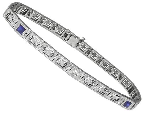 Edwardian Old Mine Diamond Sapphire 14k White Gold Bracelet
