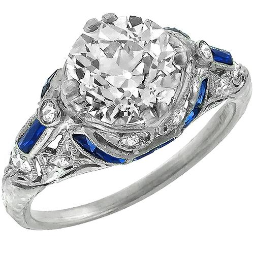 Art Deco GIA Certified 1.59ct Old European Cut Diamond Faceted Baguette Cut Sapphire Platinum Engagement Ring