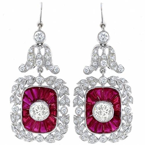 Art Deco Style 3.11ct Old Mine & Round Cut Diamond & 2.85ct Faceted  Cut Ruby 18k White Gold Earrings 