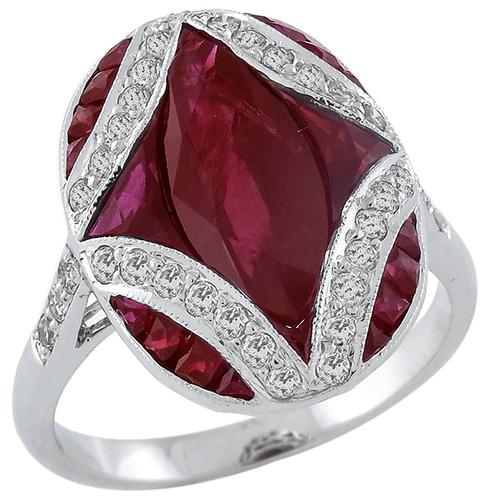 Art Deco Style Marquise and Faceted Cut Ruby Round Cut Diamond 18k White Gold Ring