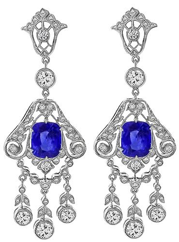 Art Deco Style Cushion Cut Ceylon Sapphire Round Cut Diamond 18k White Gold Earrings