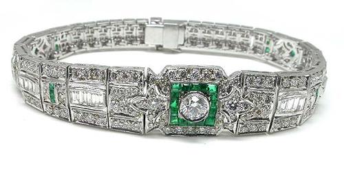 Art Deco Style  5.45ct Round & Baguette Cut  Diamond Faceted Emerald 18k White Gold  Bracelet