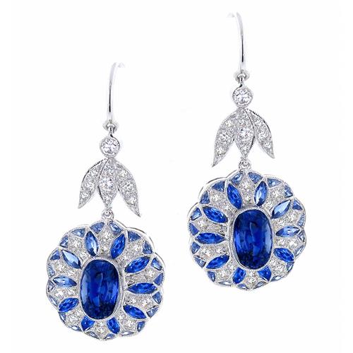 Art Deco Style 5.97ct Oval Cut & Pear Shape Sapphire 0.80ct Round Cut Diamond 18k White Gold Earrings 