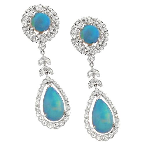 Edwardian  Style 6.00ct  Cabochon Round & Pear Shape Opal  1.15ct  Round Diamond Chandelier  18k White Gold Earrings