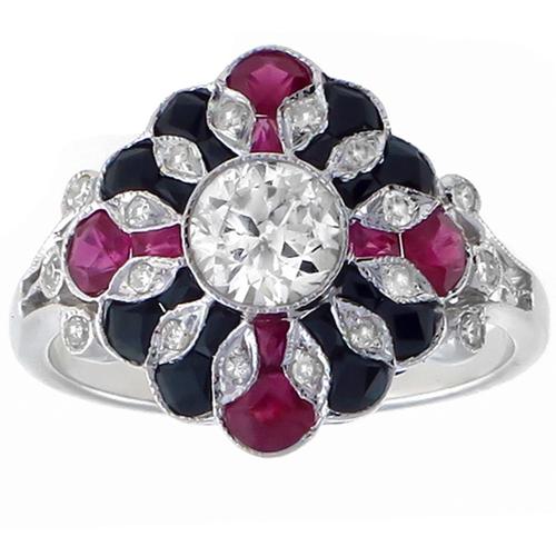 Antique   0.77ct  Total Round Cut  Diamond 0.61ct Faceted Cut Ruby & Onyx  18k White Gold  Ring
