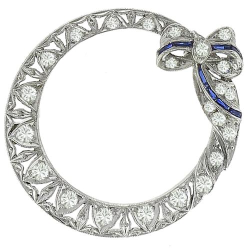 Antique 0.60ct Old Mine Diamond & Faceted Cut Sapphire Platinum Floral Round  Pin 