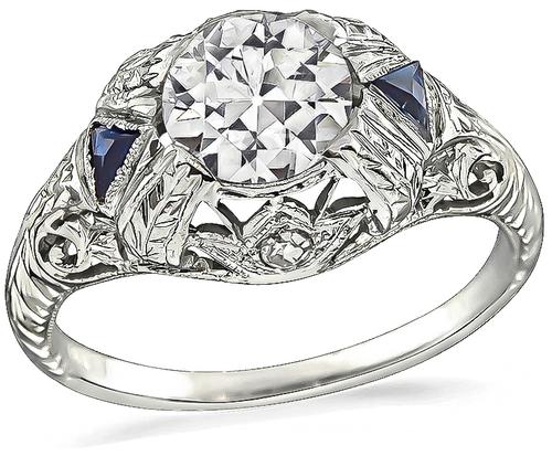 Vintage Old Mine Cut Diamond Sapphire 18k White Gold Engagement Ring