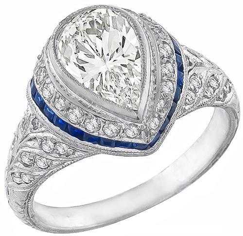 Antique GIA Certified 1.18ct Pear Brilliant  Diamond  Sapphire Platinum Engagement Ring 