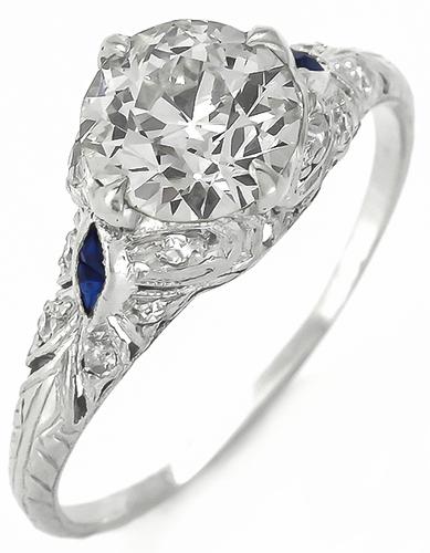 GIA Certified Vintage 1.37ct Round Brilliant Cut Diamond Sapphire Platinum Engagement Ring