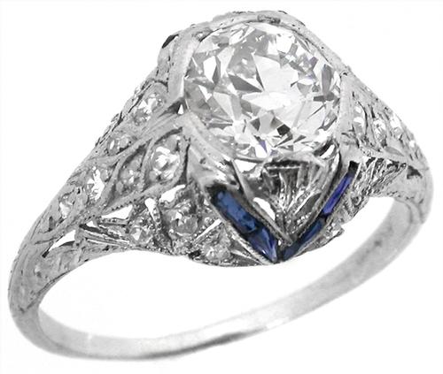 GIA Certified Antique Diamond Sapphire Platinum Engagement Ring