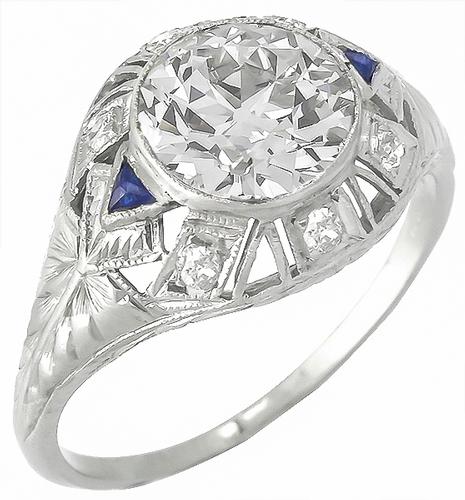 Art Deco 1.55ct Old European Cut Diamond Sapphire Platinum Engagement Ring