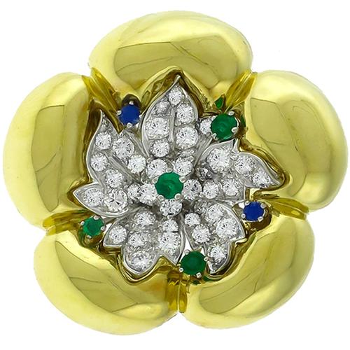 Estate 2.00ct Diamond Emerald Sapphire Floral Pin