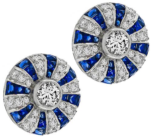 Vintage Round Cut Diamond French Cut Sapphire Platinum Earrings