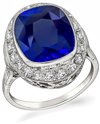 Antique Cushion Cut Ceylon Sapphire Old Mine Cut Diamond Platinum Engagement Ring