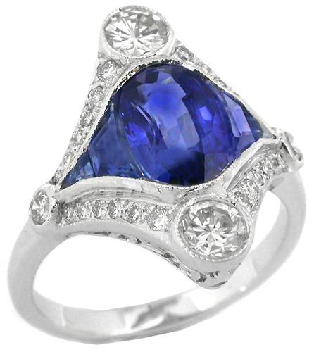 Art Deco 3.30ct Ceylon Sapphire 0.87ct Diamond 18k White Gold Ring