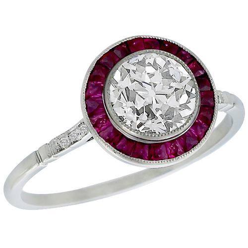 Antique EGL Certified 1.21ct Old European Cut Diamond 0.50ct  Ruby Platinum Engagement Ring