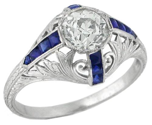 EGL Certified Art Deco 1.26ct Old European Diamond Sapphire Platinum Engagement Ring