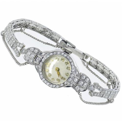 Antique  4.50ct Round  Diamond Platinum  14k White Gold Watch By Elgin 