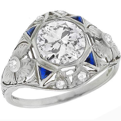 Antique GIA Certfified 1.54ct Round Brilliant Diamond Sapphire Platinum Engagement Ring 