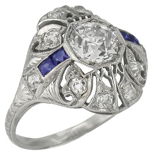 GIA Certified 0.78ct Old European Diamond 0.30ct Round Cut Diamond Sapphire Platinum Engagement Ring