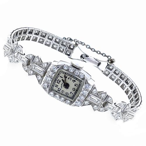 Antique  4.00ct  Round & Baguette Cut Diamond Platinum Hamilton Watch