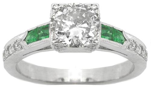 Art Deco Style  0.91ct Diamond  Emerald  18k White Gold Engagement Ring