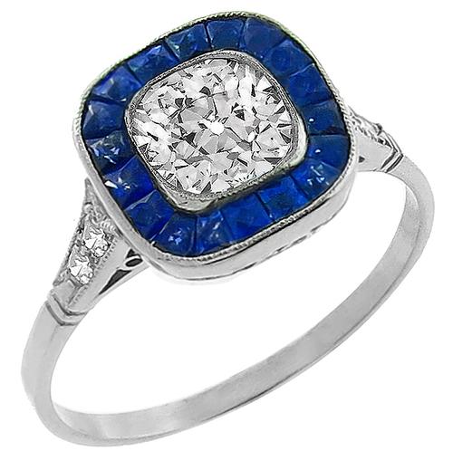 Antique Style 1.00ct Cushion Cut Diamond French Faceted Saphire Platium Engagement Ring 