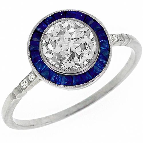 Antique Inspired 1.02ct Old Mine  Cut Diamond Sapphire Platinum Engagement Ring 
