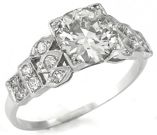 Art Deco Style 1.37ct Old European Cut Diamond 0.40ct Old Mine Cut Diamond Platinum Engagement Ring