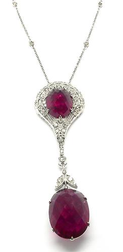 Art Deco Style 17.20ct Pink Tourmaline  0.80ct  Diamond 14k White Gold Necklace