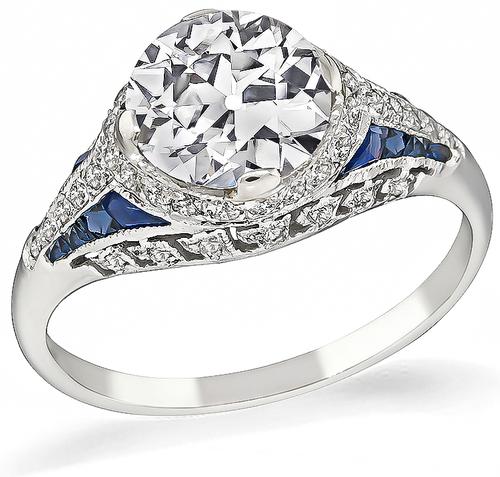 Estate Old Mine Cut Diamond Sapphire 18k White Gold Engagement Ring