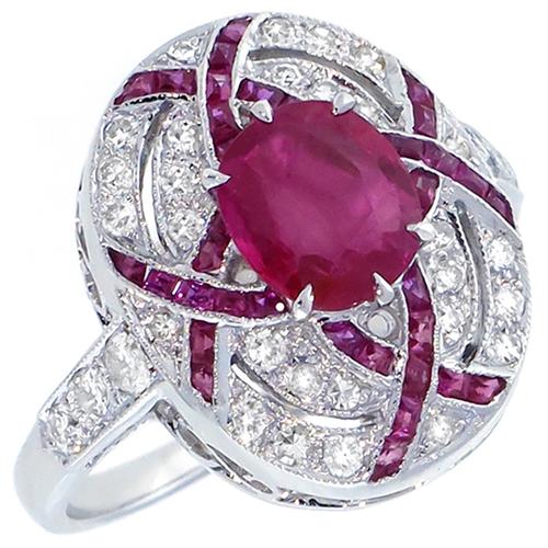 Art Deco Style 2.00ct Oval Cut Ruby 0.40ct Round Cut Diamond 18k White  Gold Ring 
